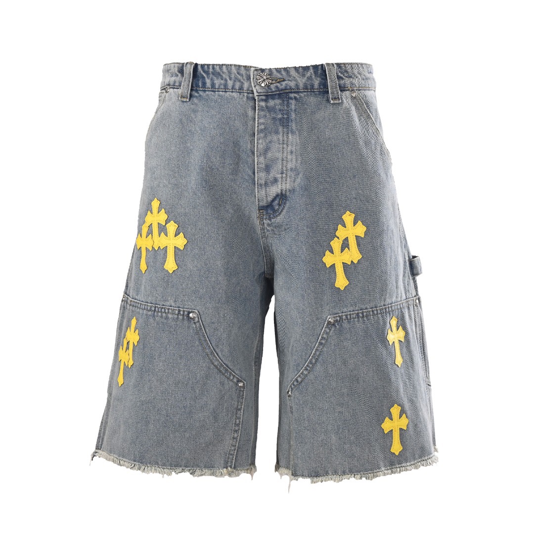 Chrome Hearts Cross Leather-Patch Distressed Denim Shorts