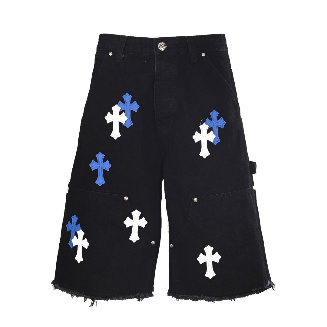 Chrome Hearts CH Cross Leather-Patch Washed Denim Shorts