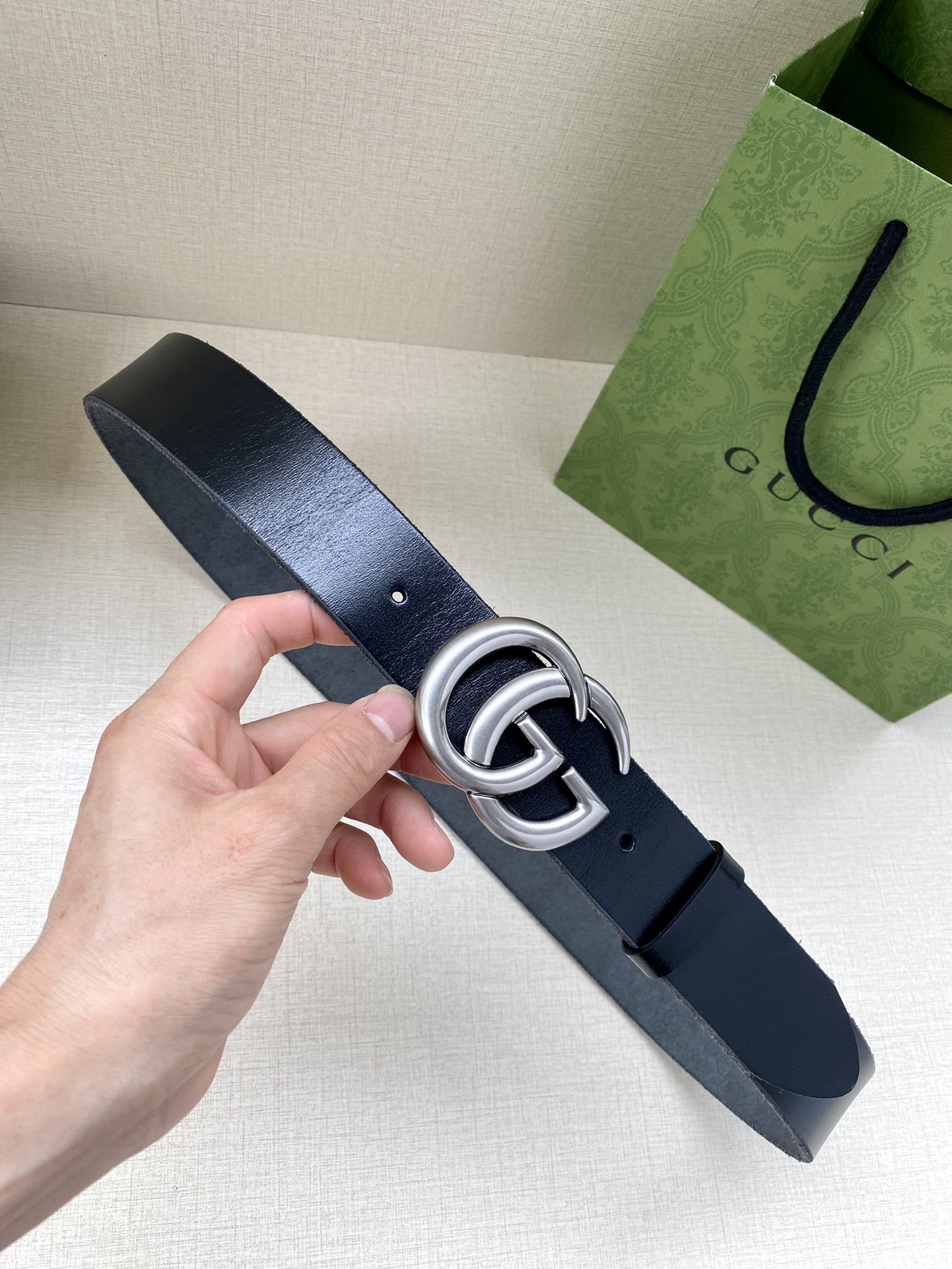 Gucci Double G Vintage-Finish Leather Belt 38mm Black