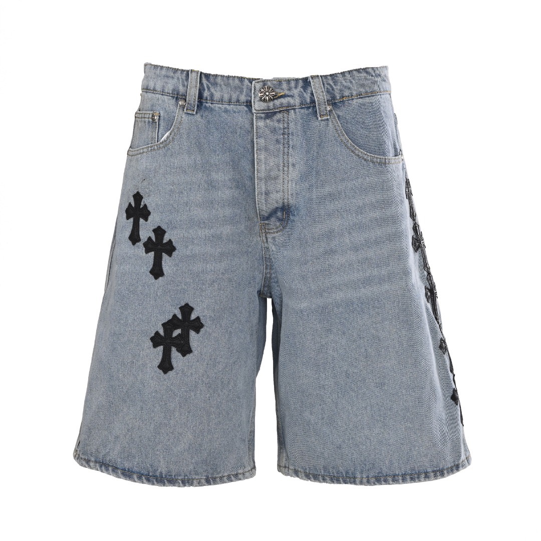 Chrome Hearts CH Cross Leather-Patch Denim Shorts