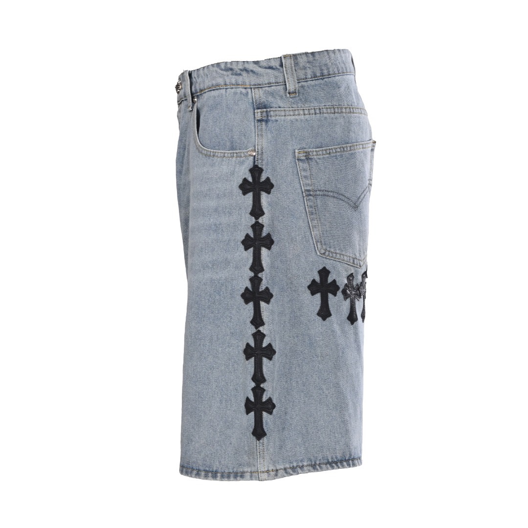 Chrome Hearts CH Cross Leather-Patch Denim Shorts view 2