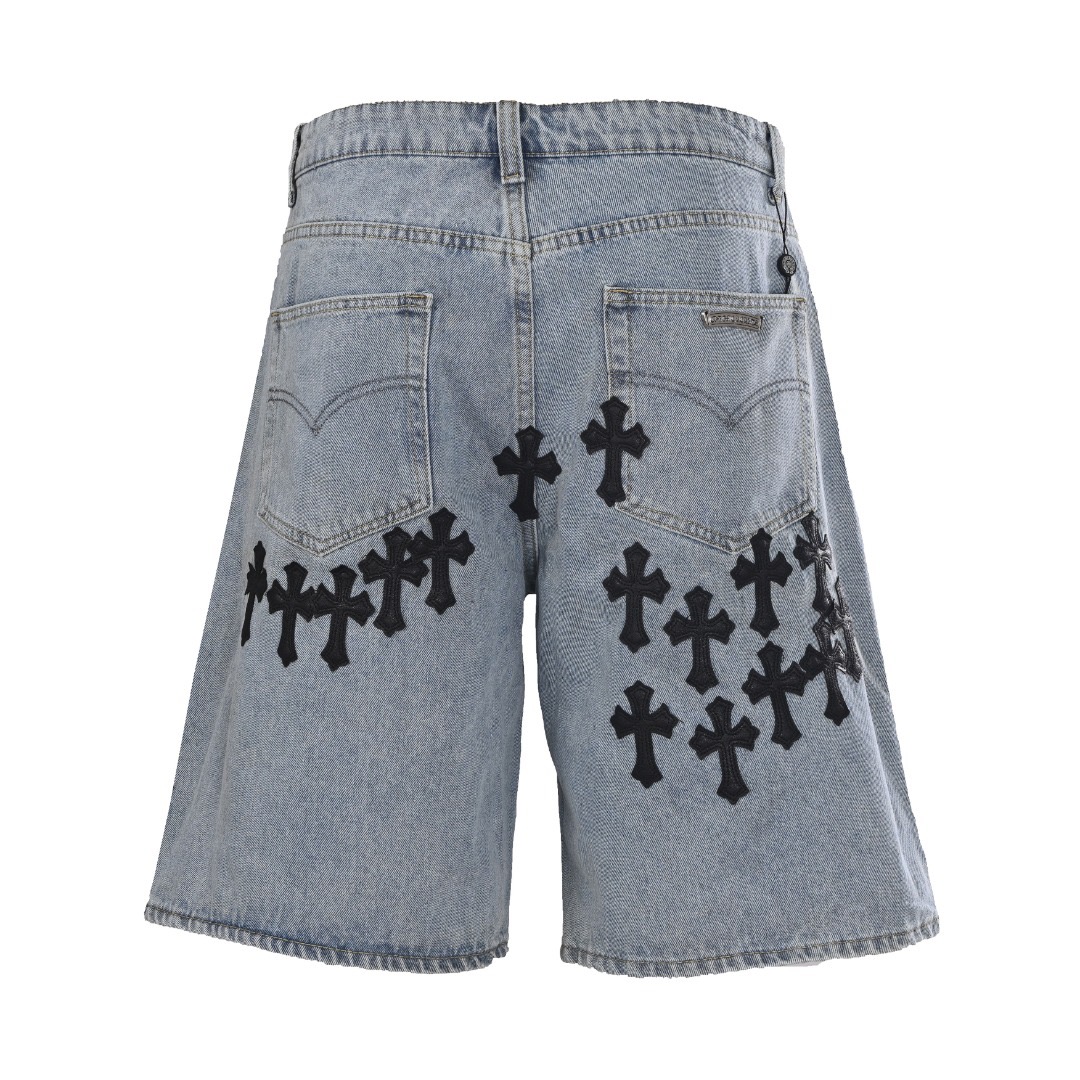 Chrome Hearts CH Cross Leather-Patch Denim Shorts view 3