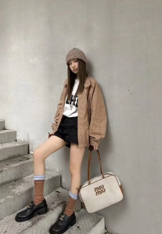 Miu Miu Checked Cotton Harrington Jacket - Tan view 2
