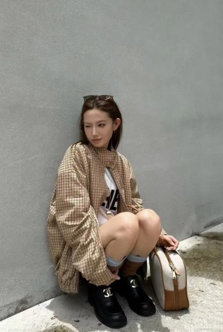 Miu Miu Checked Cotton Harrington Jacket - Tan view 3