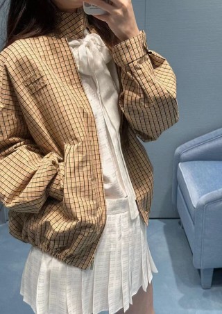 Miu Miu Checked Cotton Harrington Jacket - Tan view 6