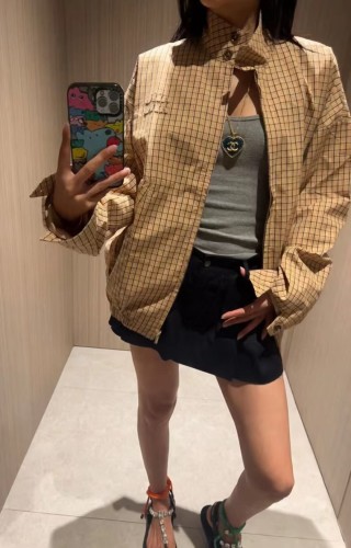 Miu Miu Checked Cotton Harrington Jacket - Tan view 7