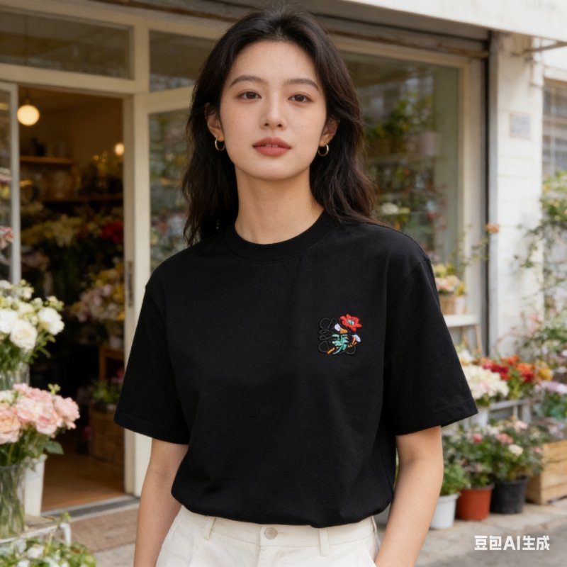 Black Floral Embroidered Short Sleeve T-Shirt view