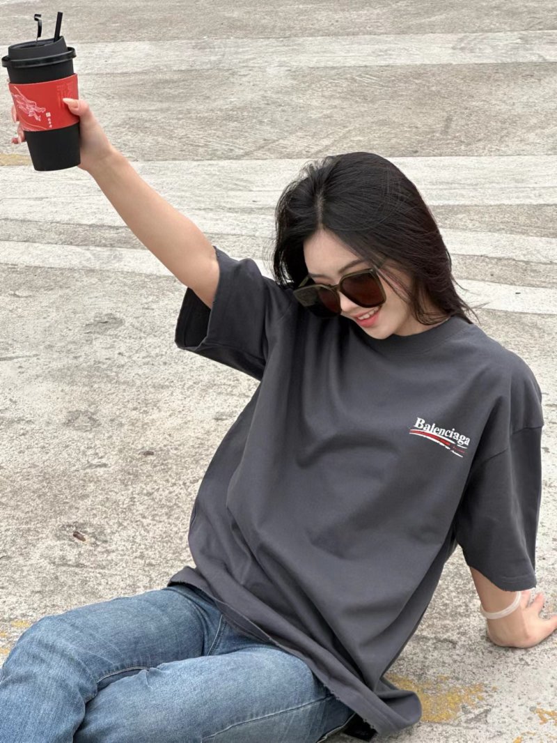 Balenciaga Black Logo T-Shirt with Red Stripe view