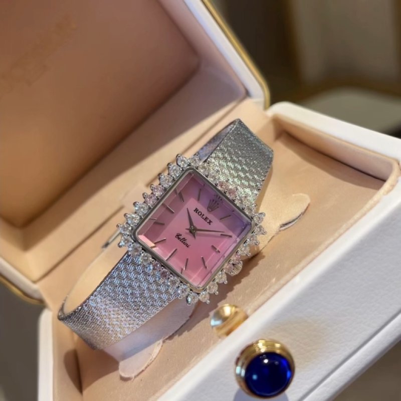 Rolex-Inspired Square Pink Dial Crystal Mesh Watch