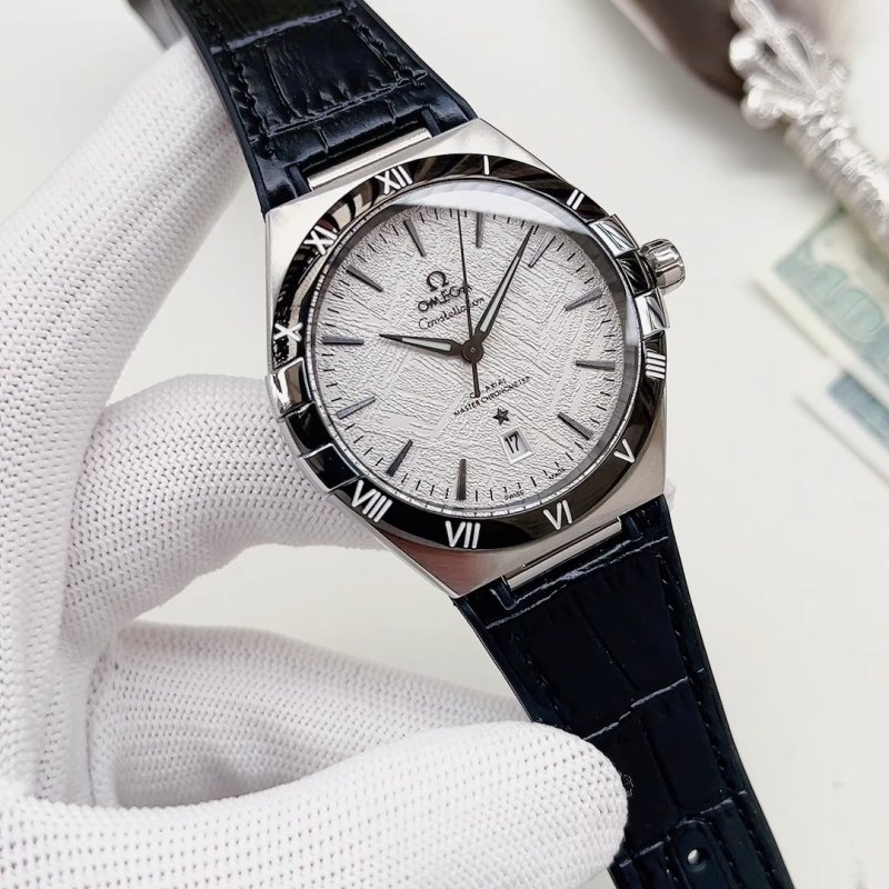 Omega Constellation Silver Dial Black Leather Watch