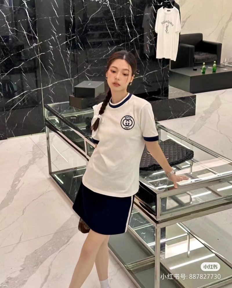 White Crew Neck T-Shirt with Navy Ringer Trim and Emblem
