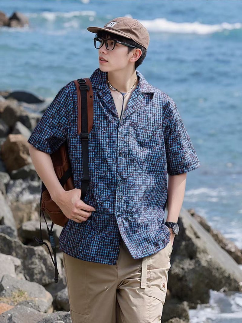 Blue Checkered Short Sleeve Casual Shirt
