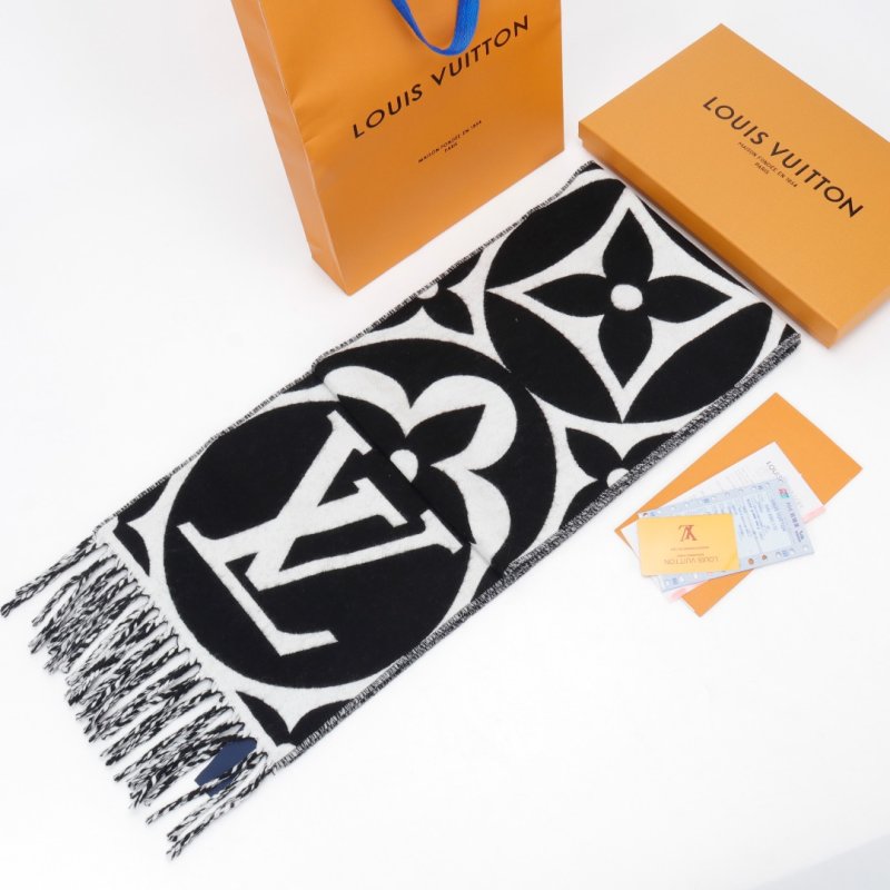 Louis Vuitton LV Monogram Double-Sided Wool Cashmere Scarf Black White