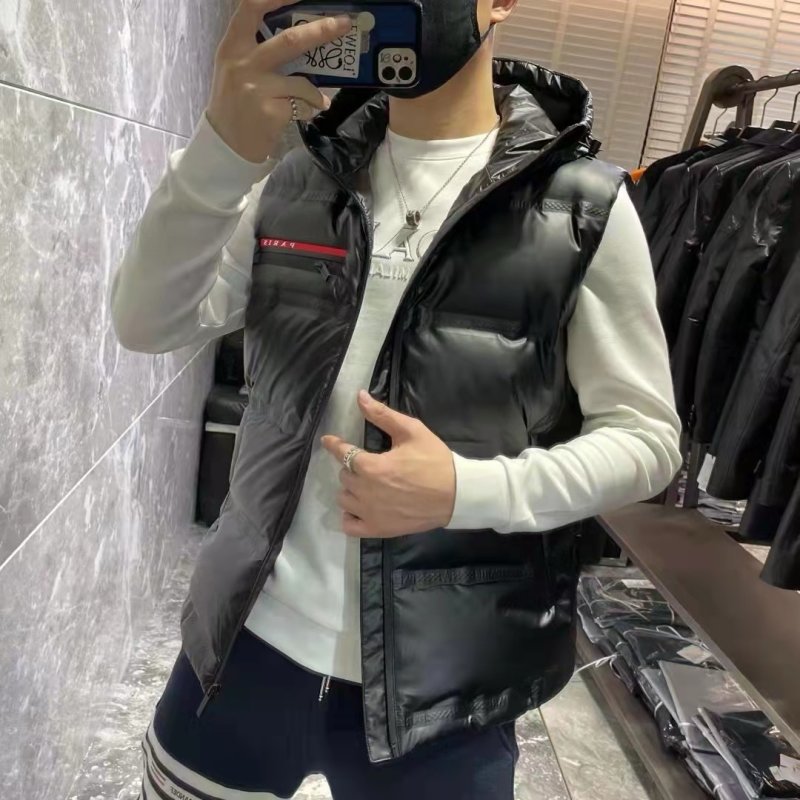 Black Puffer Down Vest with Stripe Detail