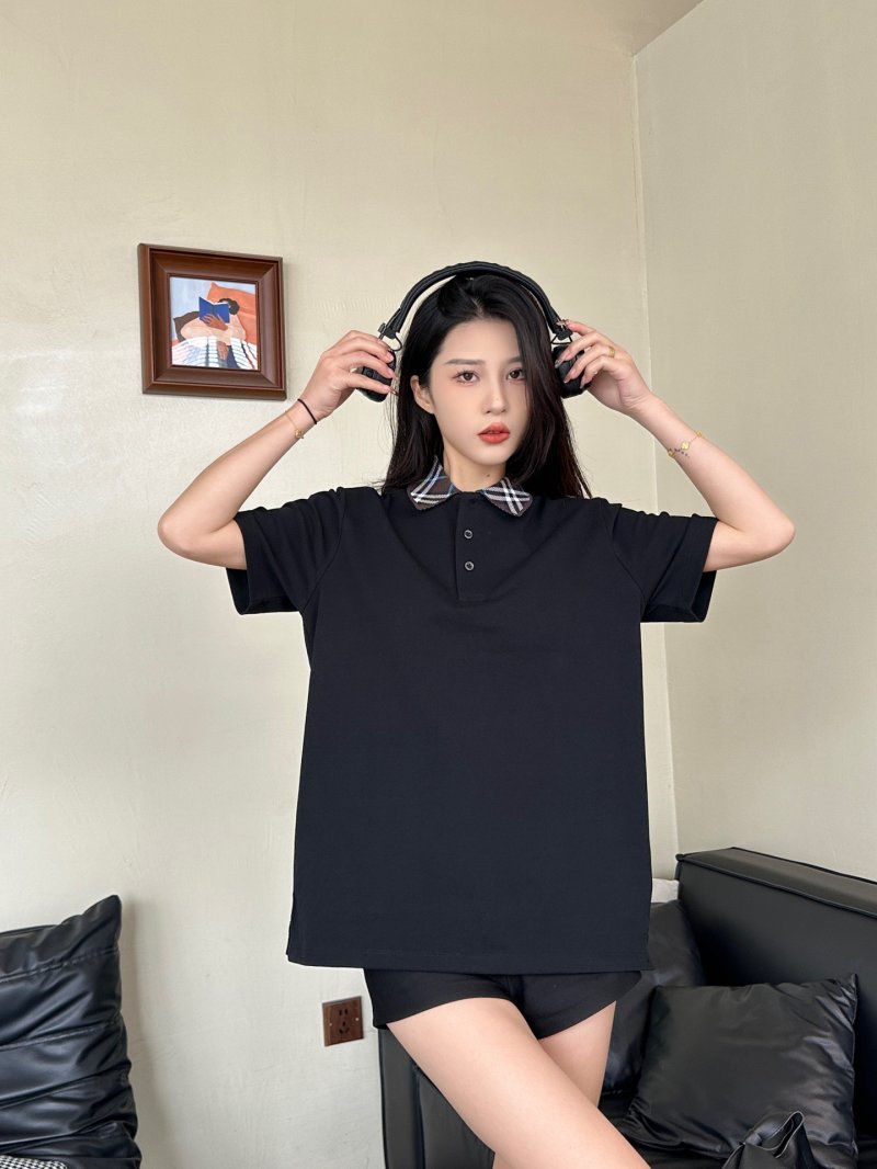 Black Short-Sleeve Polo Shirt with Checkered Collar view