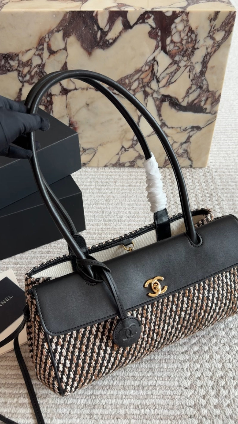 Chanel Black Woven Tweed Top Handle Bag