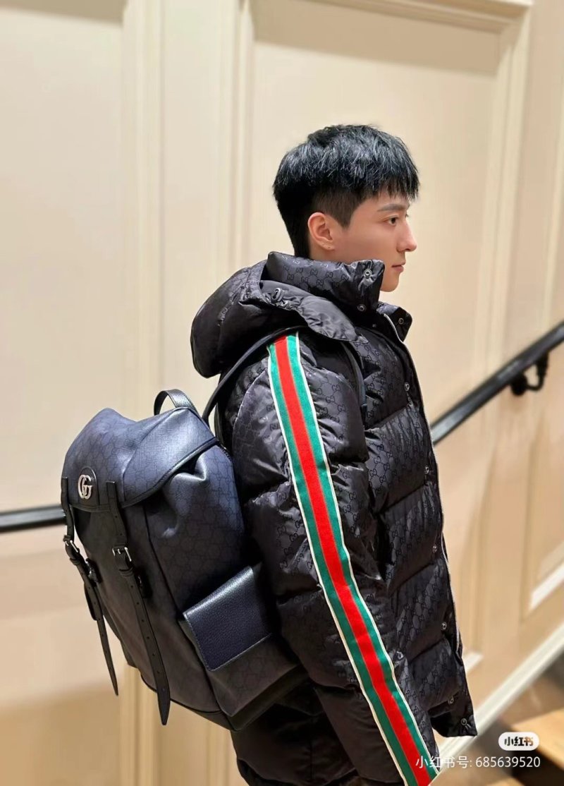 Gucci Black GG Monogram Down Jacket with Web Stripe