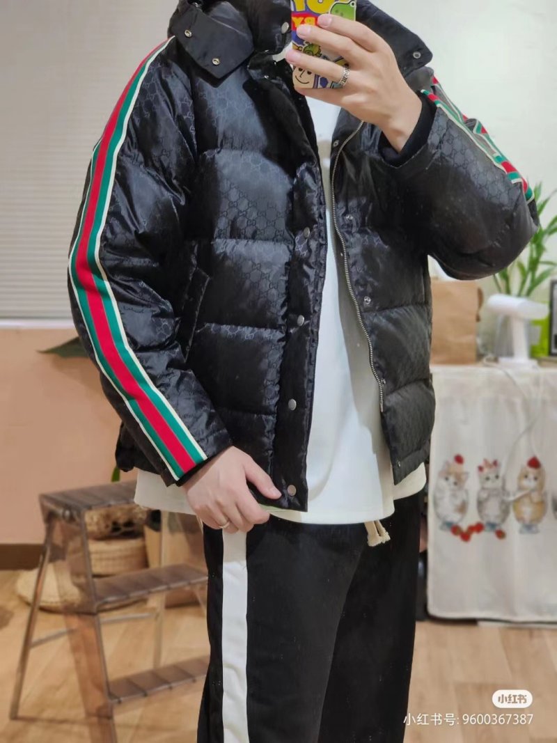 Gucci Black GG Monogram Down Jacket with Web Stripe view