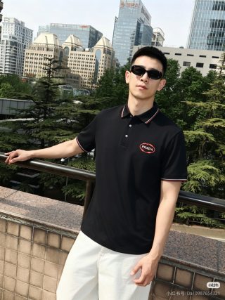 Prada Red Embroidered Logo Short Sleeve Polo Shirt Black view 4
