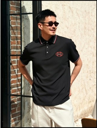Prada Red Embroidered Logo Short Sleeve Polo Shirt Black view 8