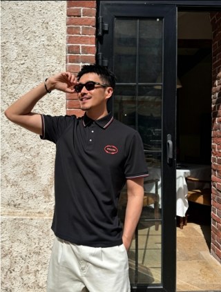Prada Red Embroidered Logo Short Sleeve Polo Shirt Black view 9