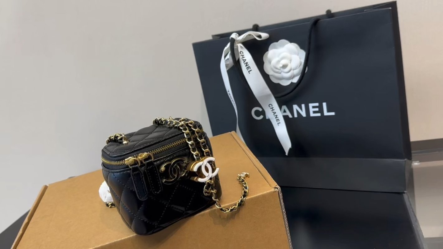 Chanel Black Quilted Camera Bag with Gold Chain Strap