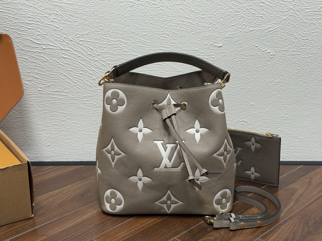Louis Vuitton Neooe MM Monogram Embossed Bucket Bag Beige