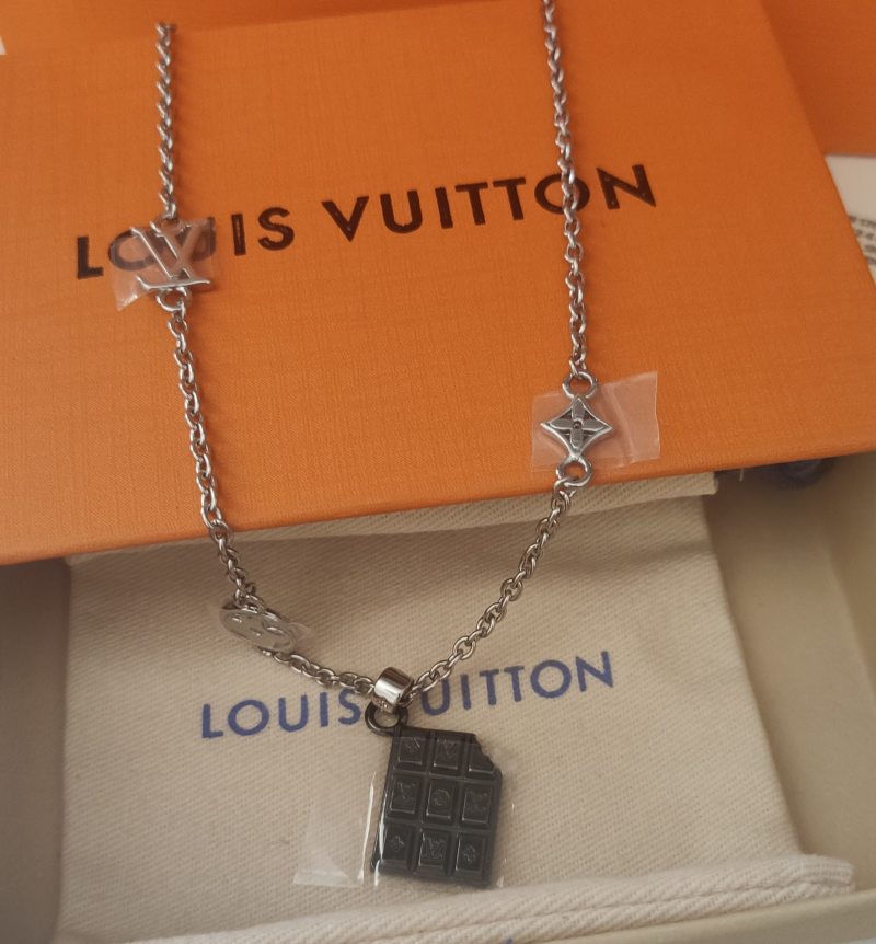 Louis Vuitton Chocolate Bar Monogram Pendant Necklace Silver