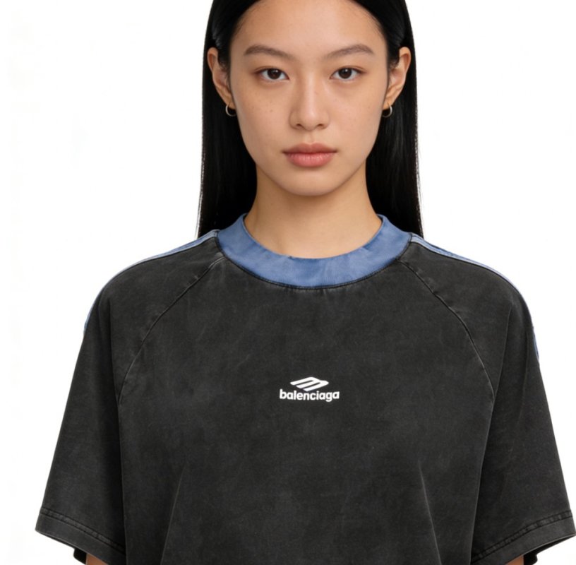 Balenciaga Washed Black Logo T-Shirt with Blue Collar