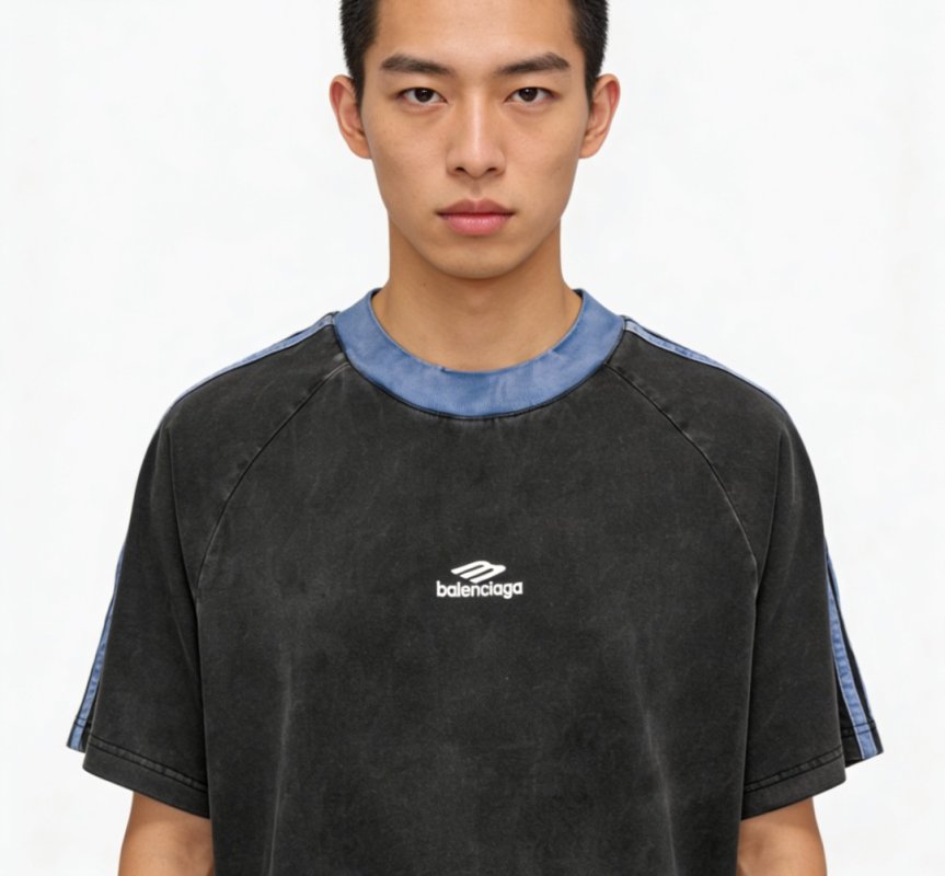 Balenciaga Washed Black Logo T-Shirt with Blue Collar view
