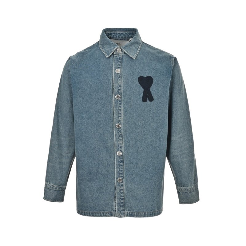 Ami Paris Heart Embroidered Denim Shirt Blue