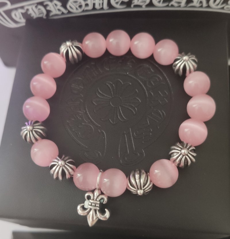 Chrome Hearts Cross Beaded Bracelet Pink Quartz Silver view