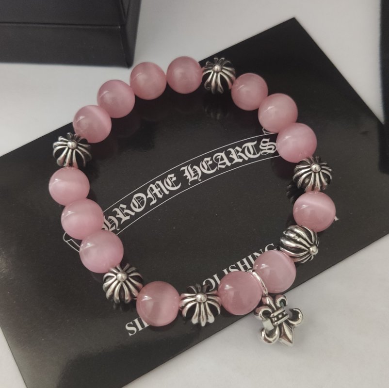 Chrome Hearts Cross Beaded Bracelet Pink Quartz Silver view