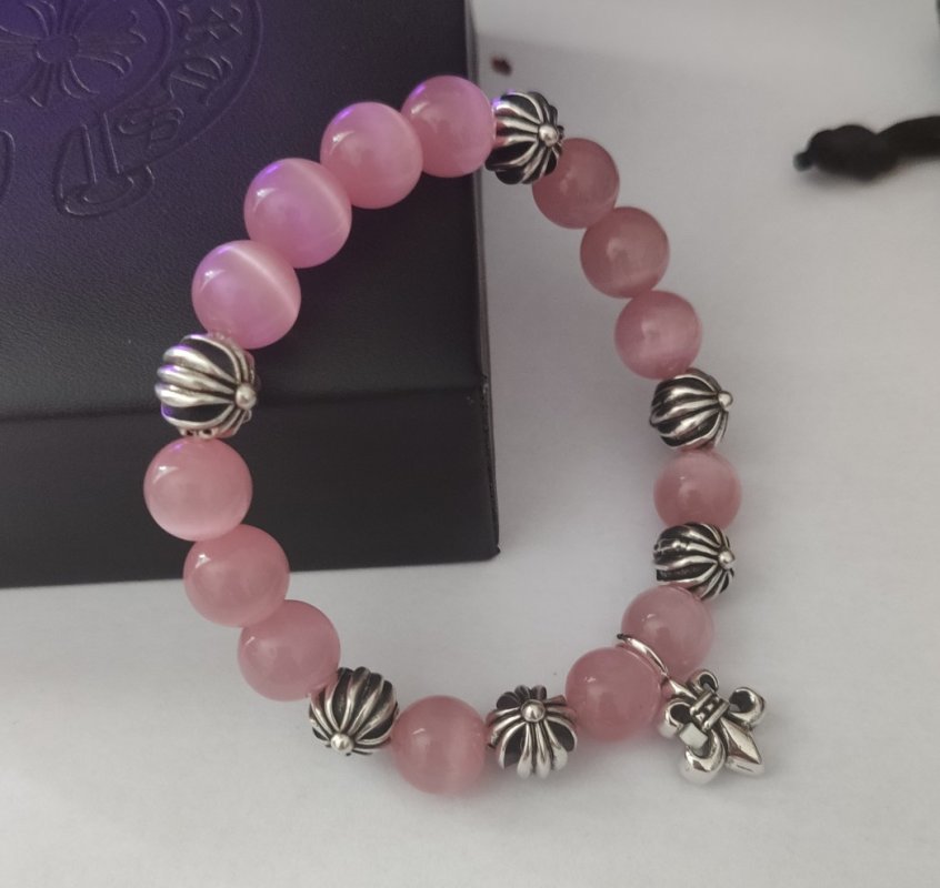 Chrome Hearts Cross Beaded Bracelet Pink Quartz Silver view