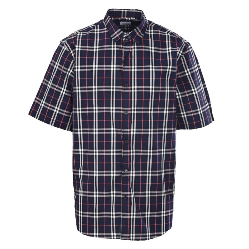 Navy Blue Plaid Short Sleeve Button-Up Shirt view