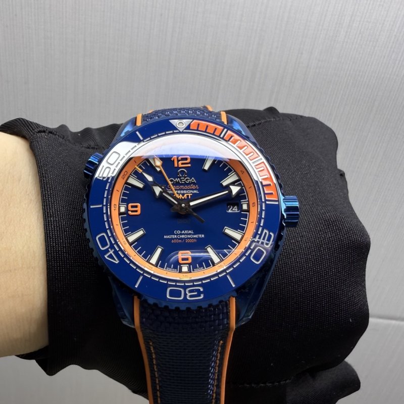 Omega Seamaster 600M GMT Dive Watch Blue Orange view