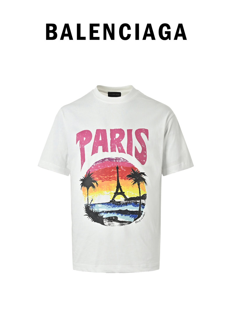 Balenciaga Paris Eiffel Tower Sunset Beach Print T-Shirt White