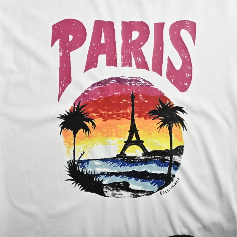 Balenciaga Paris Eiffel Tower Sunset Beach Print T-Shirt White view