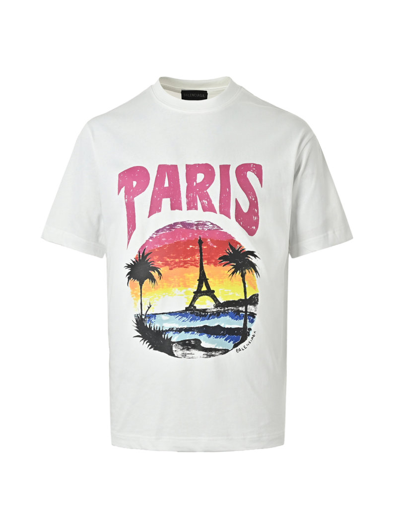 Balenciaga Paris Eiffel Tower Sunset Beach Print T-Shirt White view