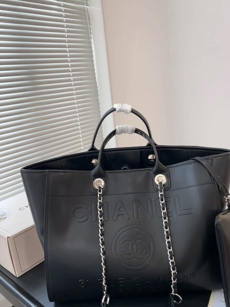 Chanel Black Embossed Tote Bag with Chain Handles