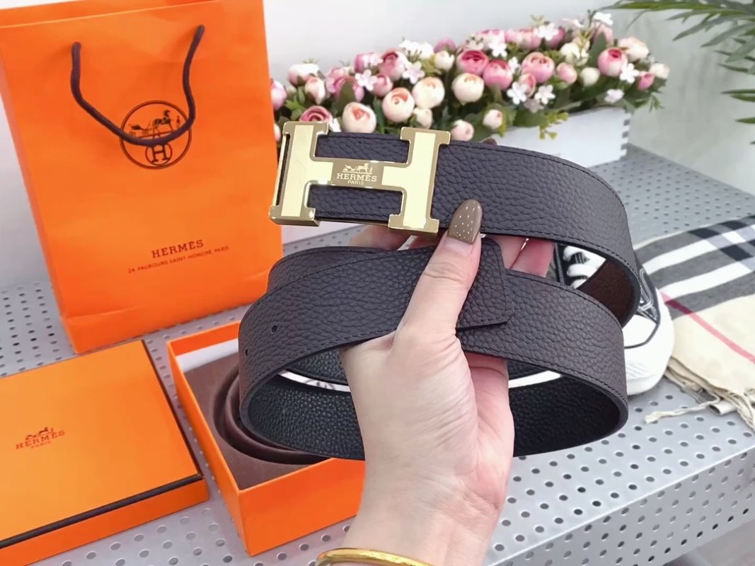 Hermès H-Buckle Leather Belt Navy Blue Gold