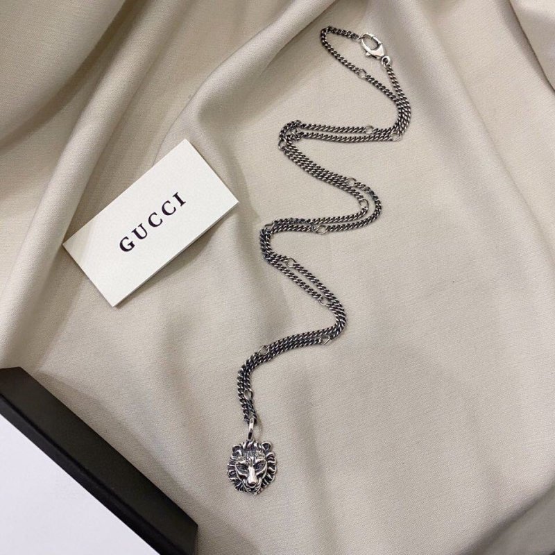 Gucci Lion Head Silver Pendant Necklace - 65cm Chain