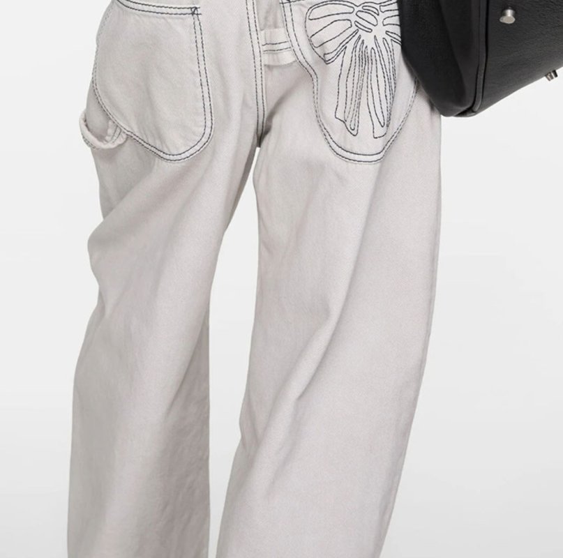 Cream Wide-Leg Jeans with Bow Pocket Embroidery view