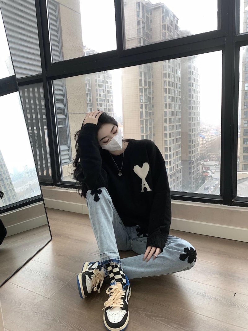 Essentials Black Heart Knit Sweater Cream Logo view