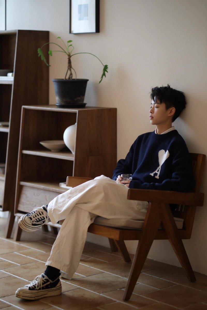 Essentials Black Heart Knit Sweater Cream Logo view