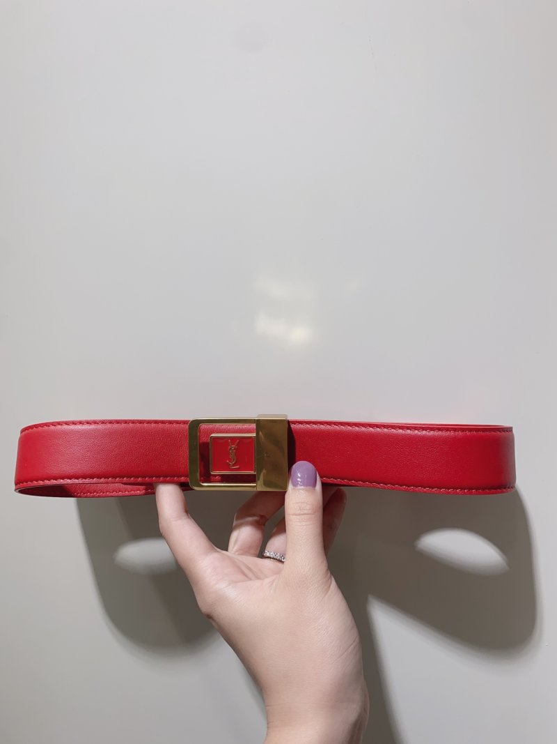 YSL Red Leather Belt with Brass Buckle - 3.0cm Width