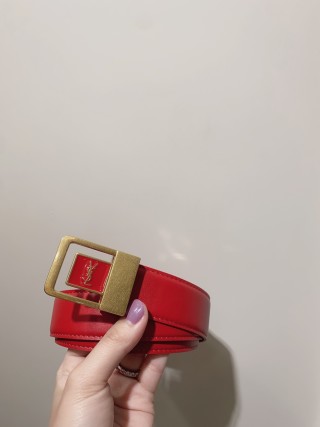 YSL Red Leather Belt with Brass Buckle - 3.0cm Width view 3