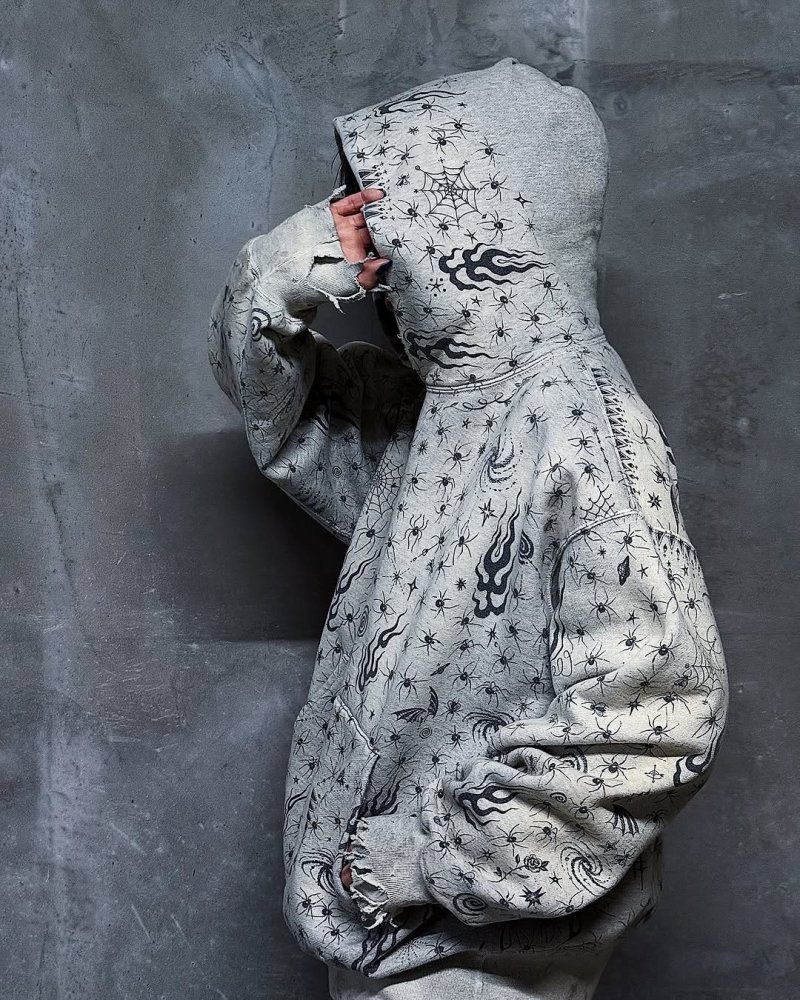 Essentials Oversized Hoodie – Grey with Spider & Flame Print