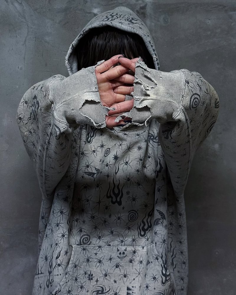 Essentials Oversized Hoodie – Grey with Spider & Flame Print view