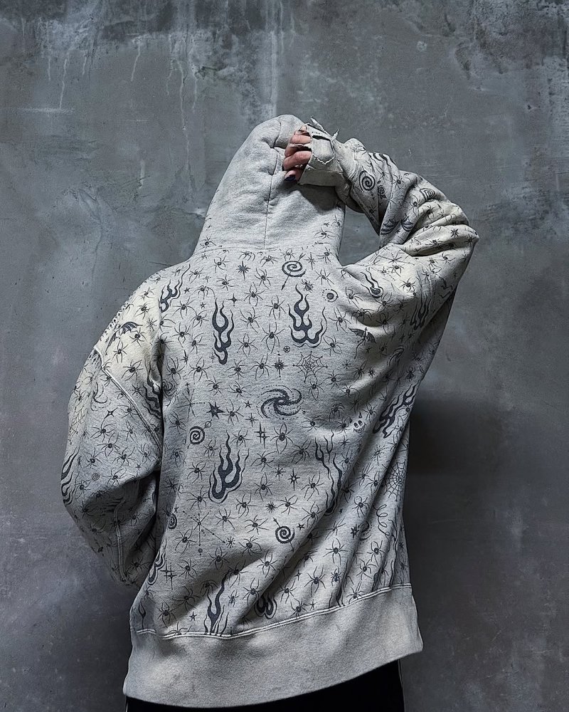 Essentials Oversized Hoodie – Grey with Spider & Flame Print view